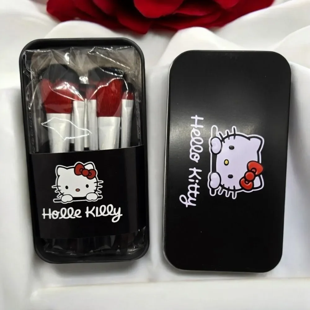 Hello Kitty Makeup Brush Set NWT Black Storage Tin & 7pc Cosmetic Blush Eyebrow